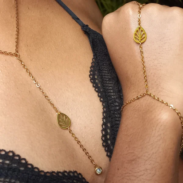 parure-feuille-acier-inoxydable-vetv-jewelry Chaîne de main Feuille